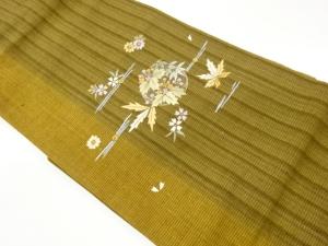縞に花葉模様刺繍名古屋帯